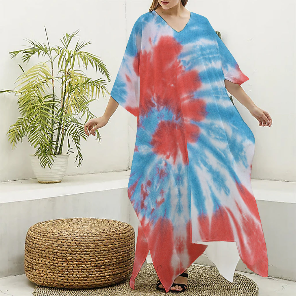 Orange And Blue Tie Dye Print Silk V-Neck Kaftan Dress