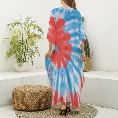 Orange And Blue Tie Dye Print Silk V-Neck Kaftan Dress