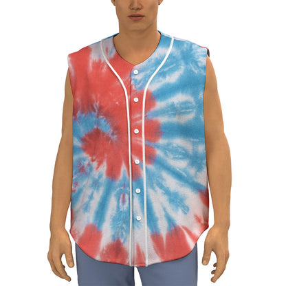Orange And Blue Tie Dye Print Sleeveless Baseball Jersey