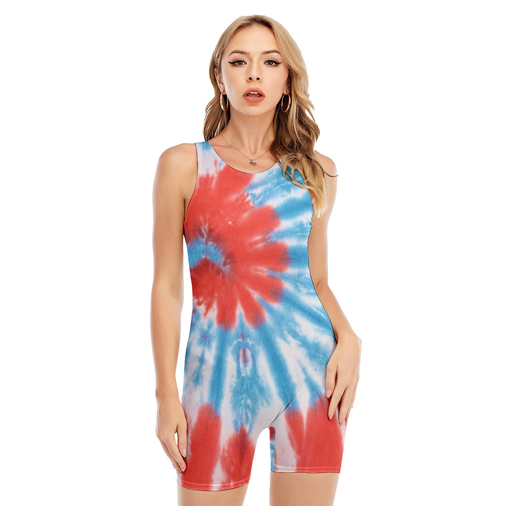 Orange And Blue Tie Dye Print Sleeveless One Piece Swimsuit