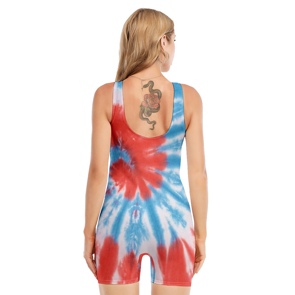 Orange And Blue Tie Dye Print Sleeveless One Piece Swimsuit