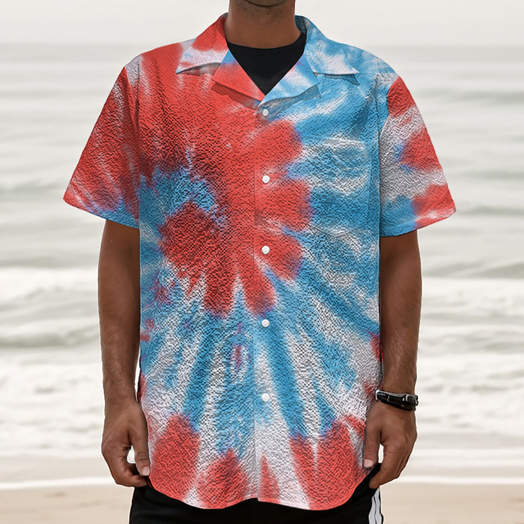 Orange And Blue Tie Dye Print Textured Short Sleeve Shirt