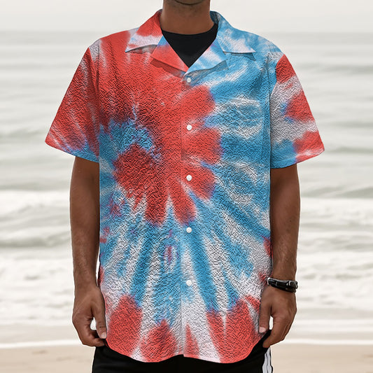 Orange And Blue Tie Dye Print Textured Short Sleeve Shirt