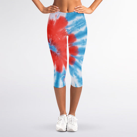 Orange And Blue Tie Dye Print Women's Capri Leggings