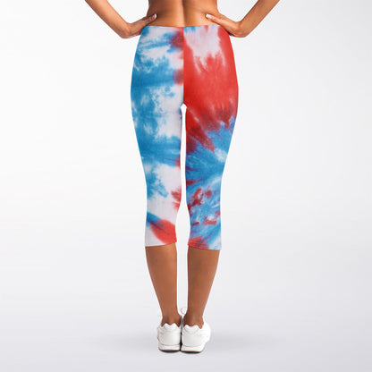Orange And Blue Tie Dye Print Women's Capri Leggings