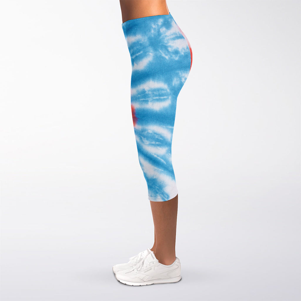 Orange And Blue Tie Dye Print Women's Capri Leggings