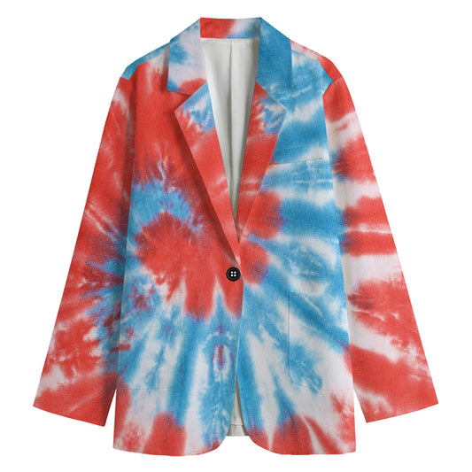 Orange And Blue Tie Dye Print Women's Cotton Blazer