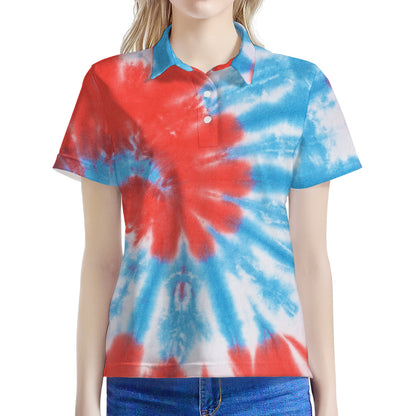 Orange And Blue Tie Dye Print Women's Polo Shirt