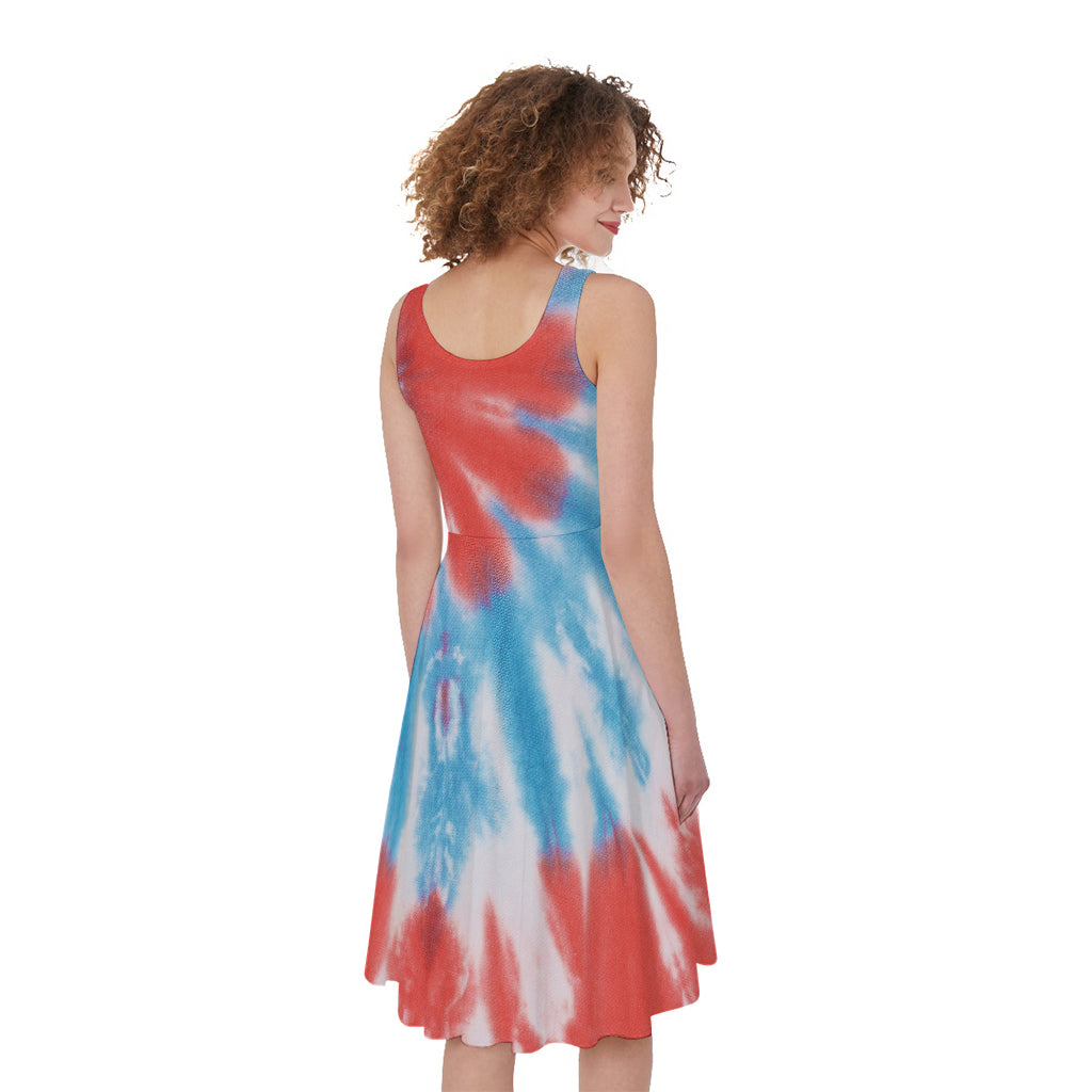 Orange And Blue Tie Dye Print Women's Sleeveless Dress