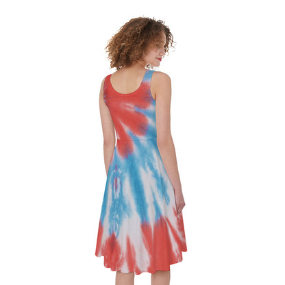 Orange And Blue Tie Dye Print Women's Sleeveless Dress