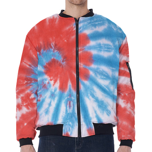 Orange And Blue Tie Dye Print Zip Sleeve Bomber Jacket