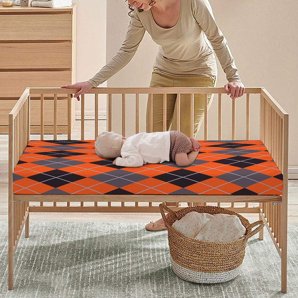 Orange And Grey Halloween Argyle Print Baby Crib Sheet