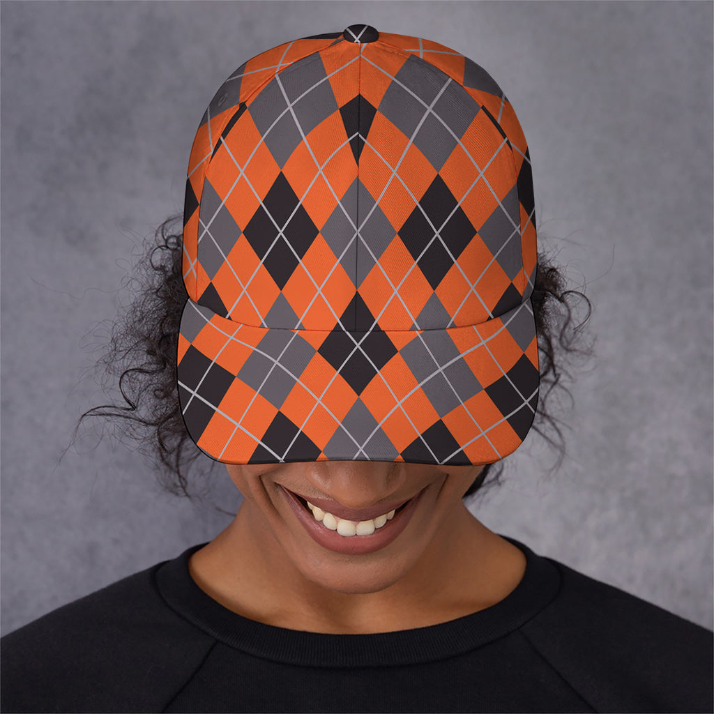 Orange And Grey Halloween Argyle Print Baseball Cap