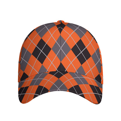 Orange And Grey Halloween Argyle Print Baseball Cap