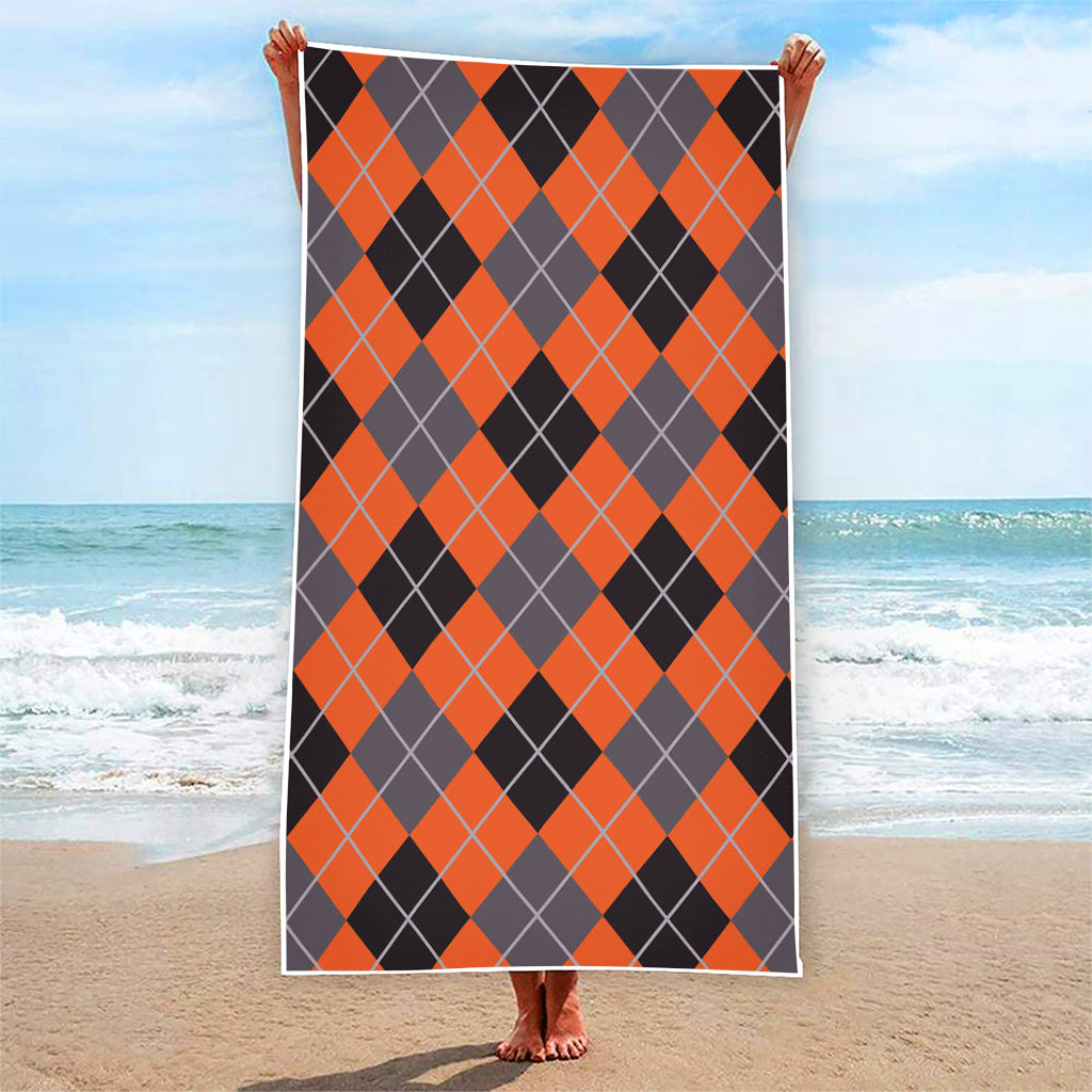 Orange And Grey Halloween Argyle Print Beach Towel