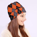 Orange And Grey Halloween Argyle Print Beanie