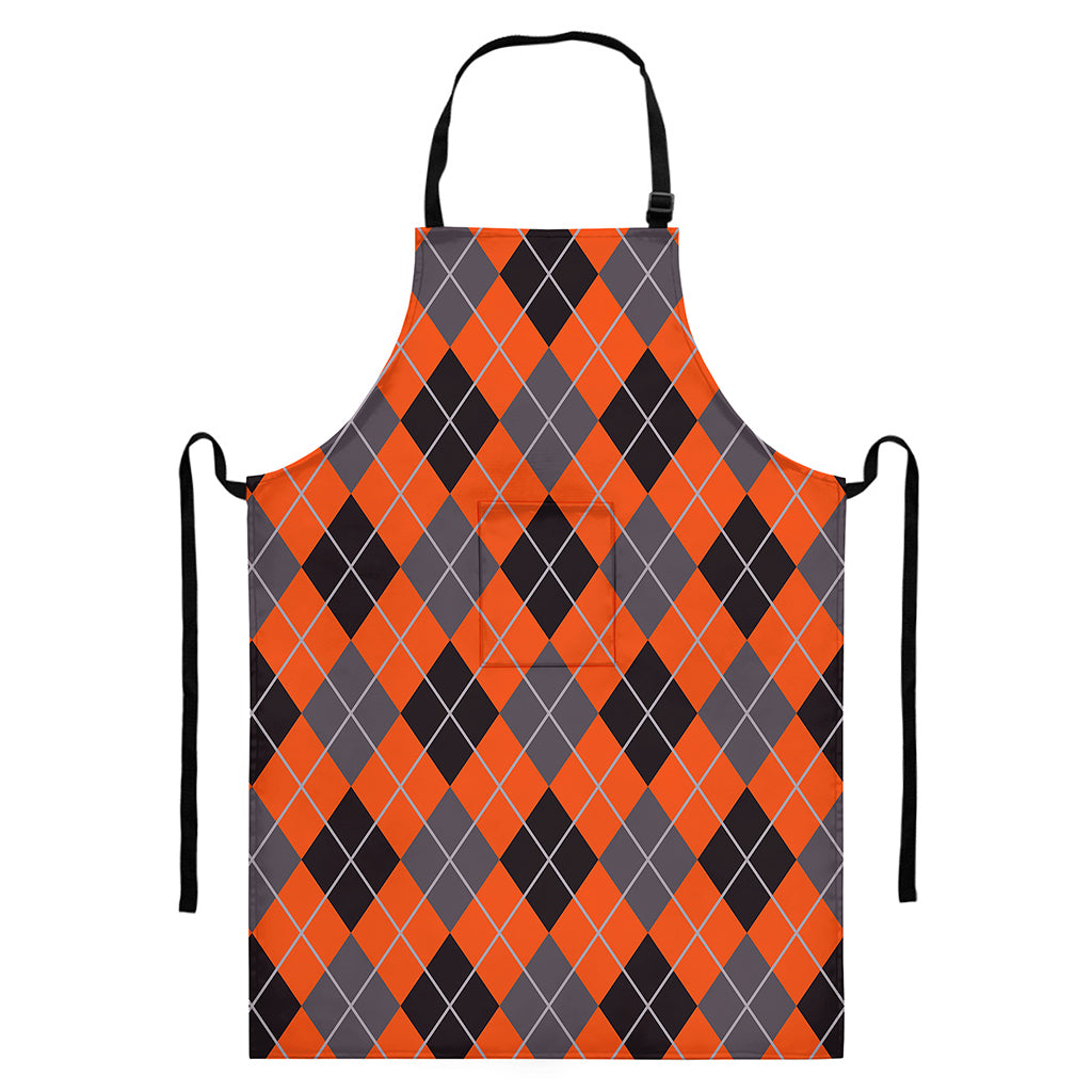 Orange And Grey Halloween Argyle Print Bib Apron With Pocket