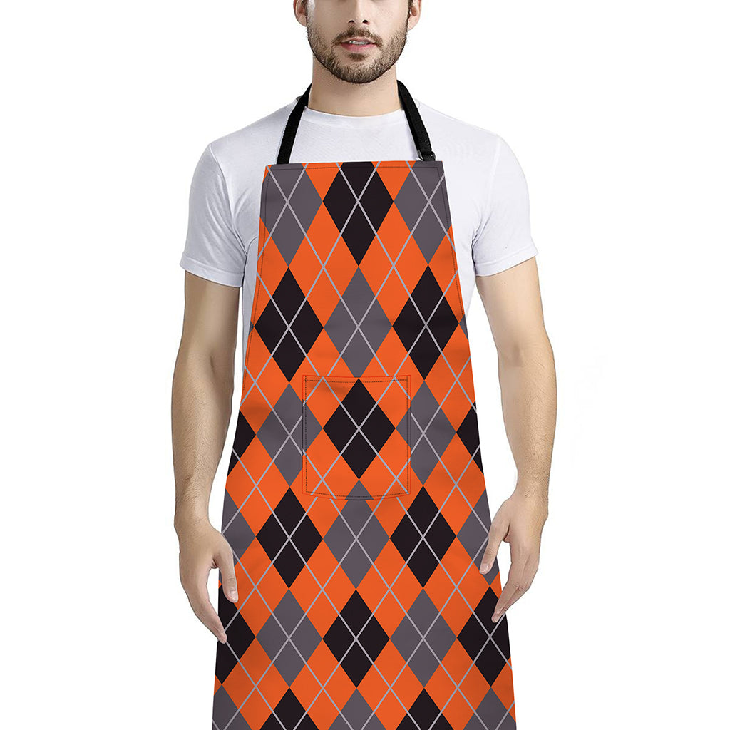 Orange And Grey Halloween Argyle Print Bib Apron With Pocket