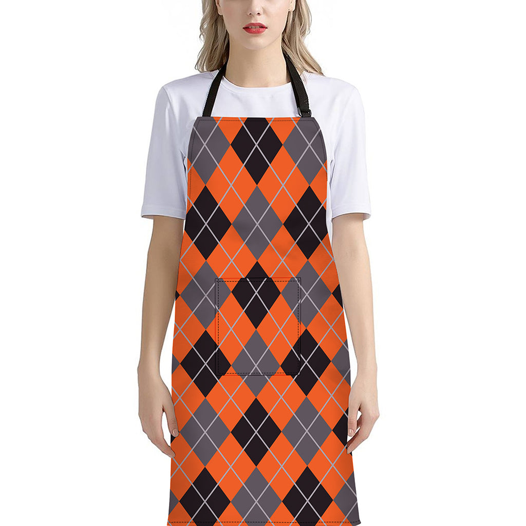 Orange And Grey Halloween Argyle Print Bib Apron With Pocket