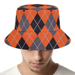 Orange And Grey Halloween Argyle Print Bucket Hat