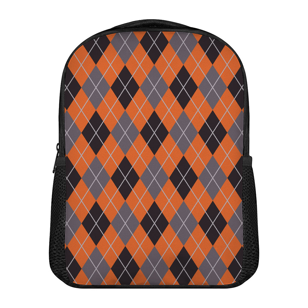 Orange And Grey Halloween Argyle Print Casual Backpack