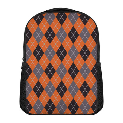 Orange And Grey Halloween Argyle Print Casual Backpack