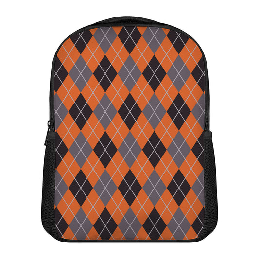 Orange And Grey Halloween Argyle Print Casual Backpack