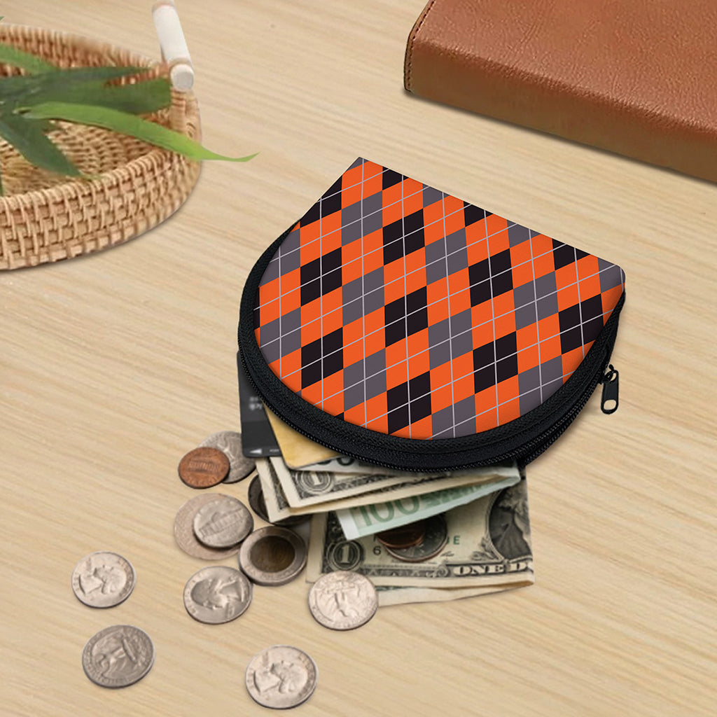 Orange And Grey Halloween Argyle Print Coin Purse