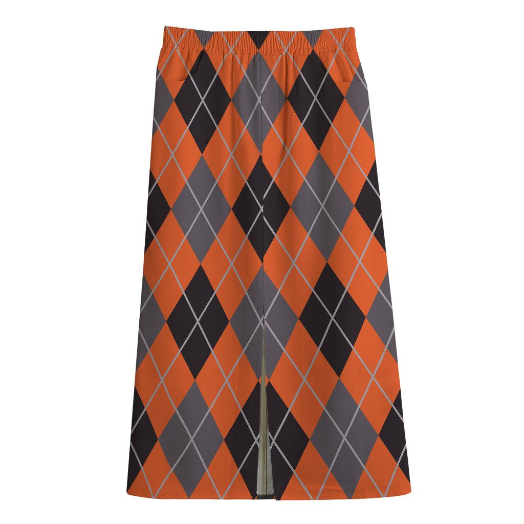 Orange And Grey Halloween Argyle Print Cotton Front Slit Maxi Skirt