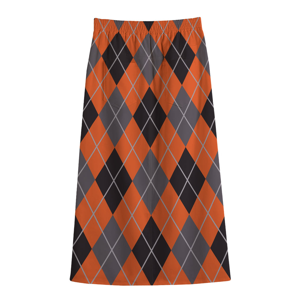 Orange And Grey Halloween Argyle Print Cotton Front Slit Maxi Skirt