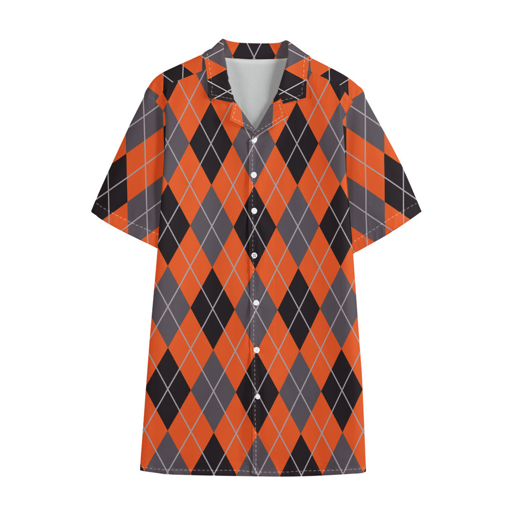 Orange And Grey Halloween Argyle Print Cotton Hawaiian Shirt