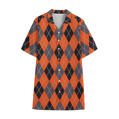 Orange And Grey Halloween Argyle Print Cotton Hawaiian Shirt