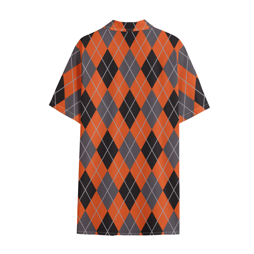 Orange And Grey Halloween Argyle Print Cotton Hawaiian Shirt