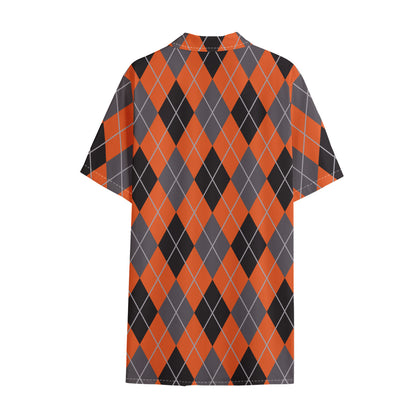 Orange And Grey Halloween Argyle Print Cotton Hawaiian Shirt