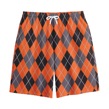 Orange And Grey Halloween Argyle Print Cotton Shorts