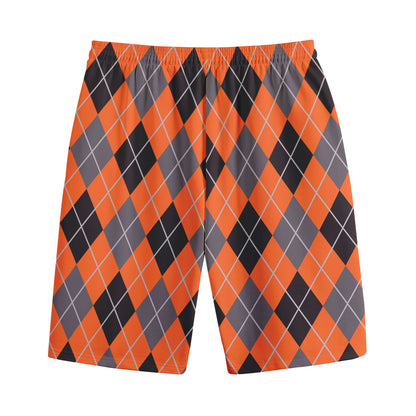 Orange And Grey Halloween Argyle Print Cotton Shorts
