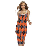 Orange And Grey Halloween Argyle Print Cross Back Cami Dress