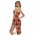 Orange And Grey Halloween Argyle Print Cross Back Cami Dress