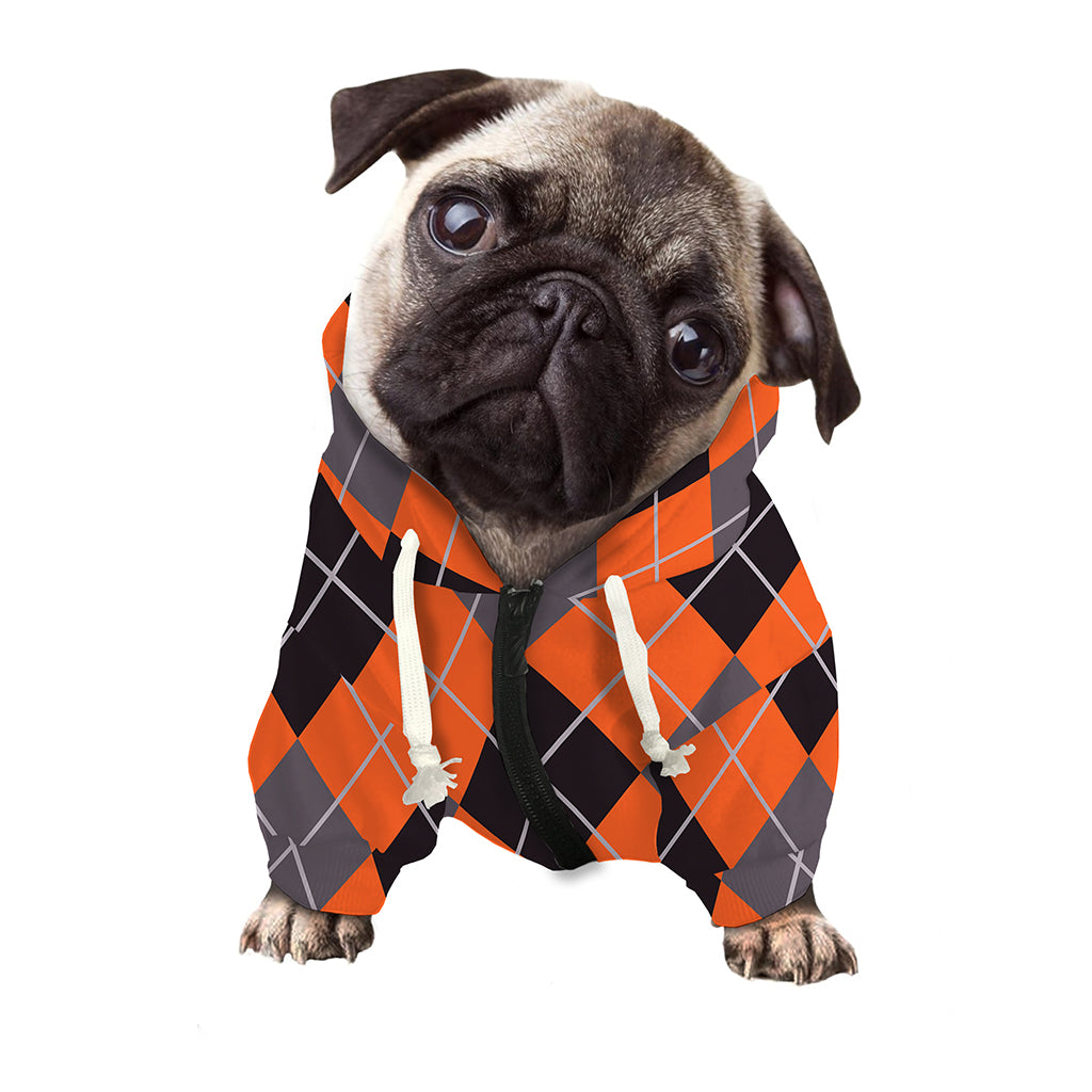 Orange And Grey Halloween Argyle Print Dog Zip Up Hoodie