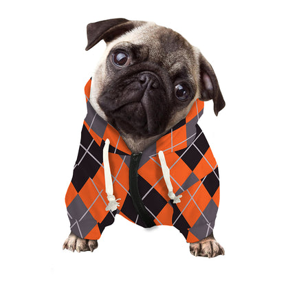 Orange And Grey Halloween Argyle Print Dog Zip Up Hoodie