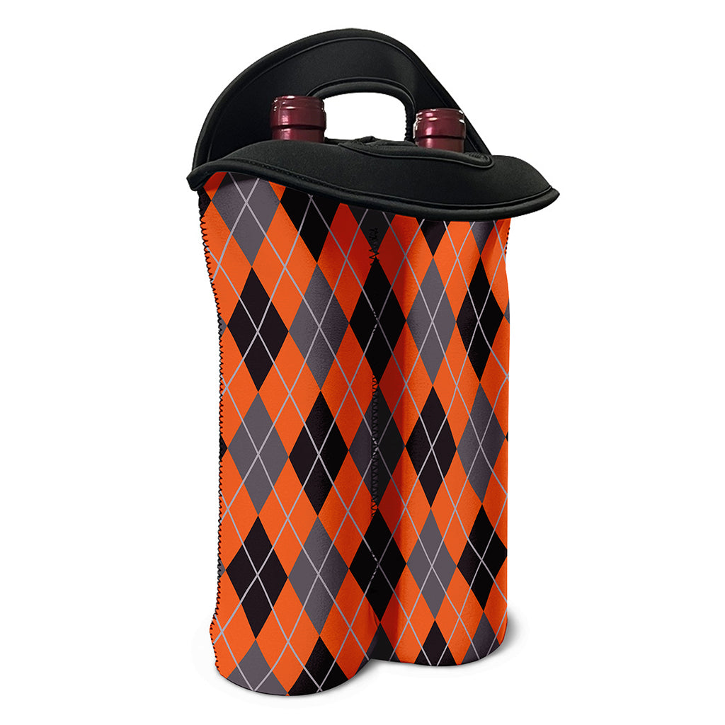 Orange And Grey Halloween Argyle Print Double Neoprene Wine Tote