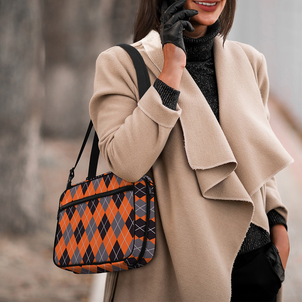Orange And Grey Halloween Argyle Print Double Strap Bible Bag