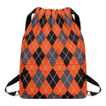 Orange And Grey Halloween Argyle Print Drawstring Backpack