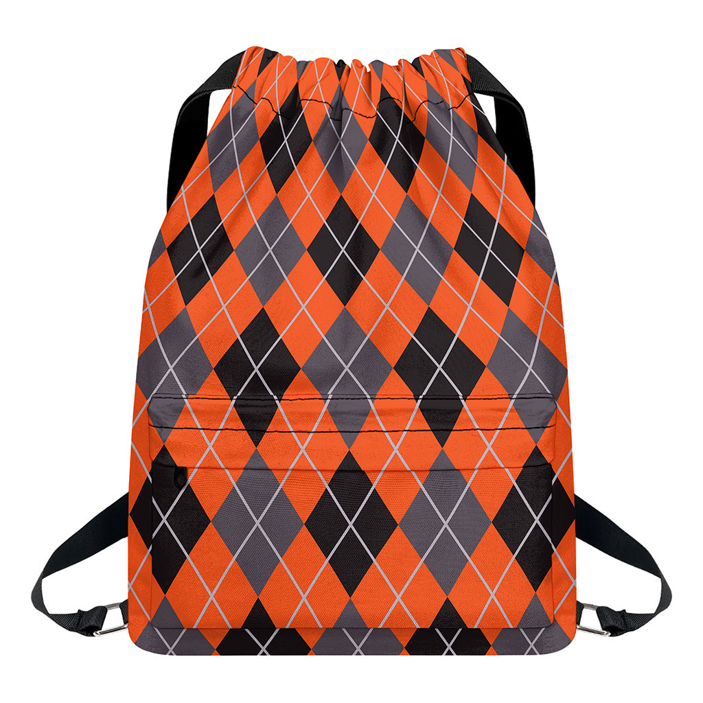 Orange And Grey Halloween Argyle Print Drawstring Backpack