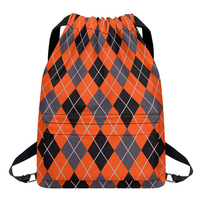 Orange And Grey Halloween Argyle Print Drawstring Backpack