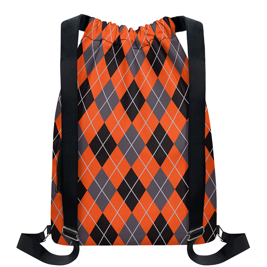 Orange And Grey Halloween Argyle Print Drawstring Backpack