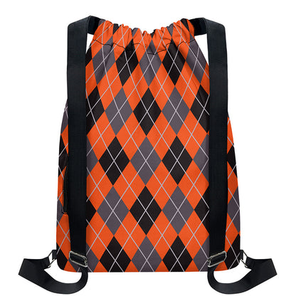 Orange And Grey Halloween Argyle Print Drawstring Backpack