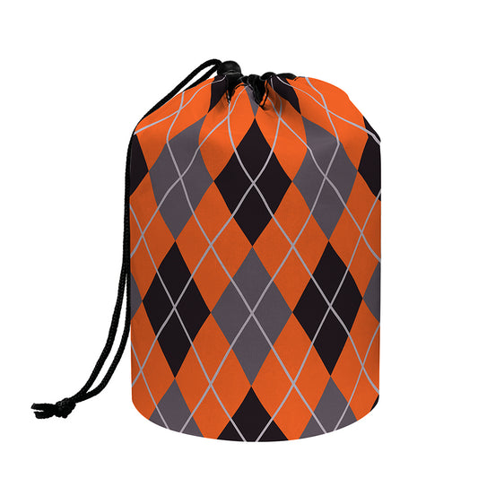 Orange And Grey Halloween Argyle Print Drawstring Makeup Bag
