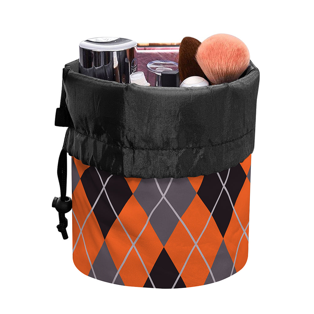 Orange And Grey Halloween Argyle Print Drawstring Makeup Bag