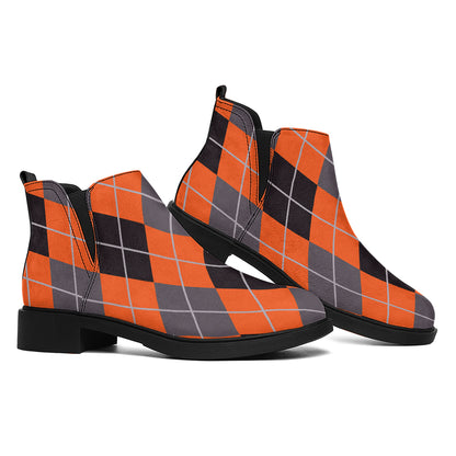 Orange And Grey Halloween Argyle Print Flat Ankle Boots